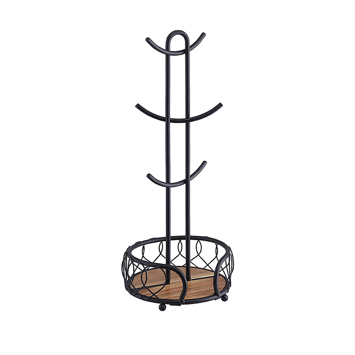 Sunnypoint Heavy Wire Gauge 6 Mug Tree Countertop Holder, Coffee Mugs and Tea Cup Storage Rack with Small Storage Area (Mat Black, 18.2 x 7 x 7 inch)