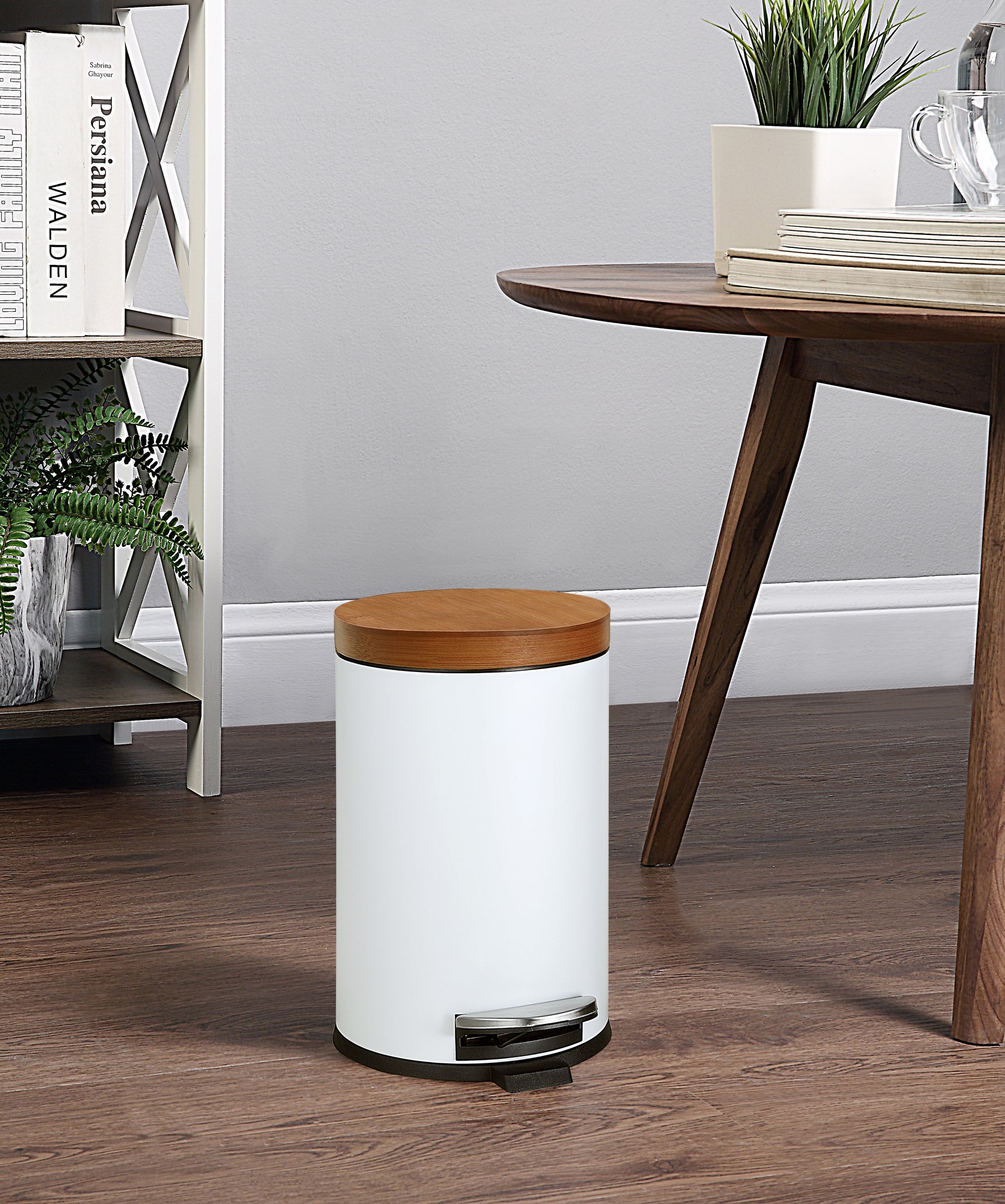 SunnyPoint Elite Bamboo Lid 4.5 Liter / 1.2 Gallon Round Trash Can with Plastic Inner Bucket; Bathroom, Office, Kitchen and Bedroom Step On and Slow Close
