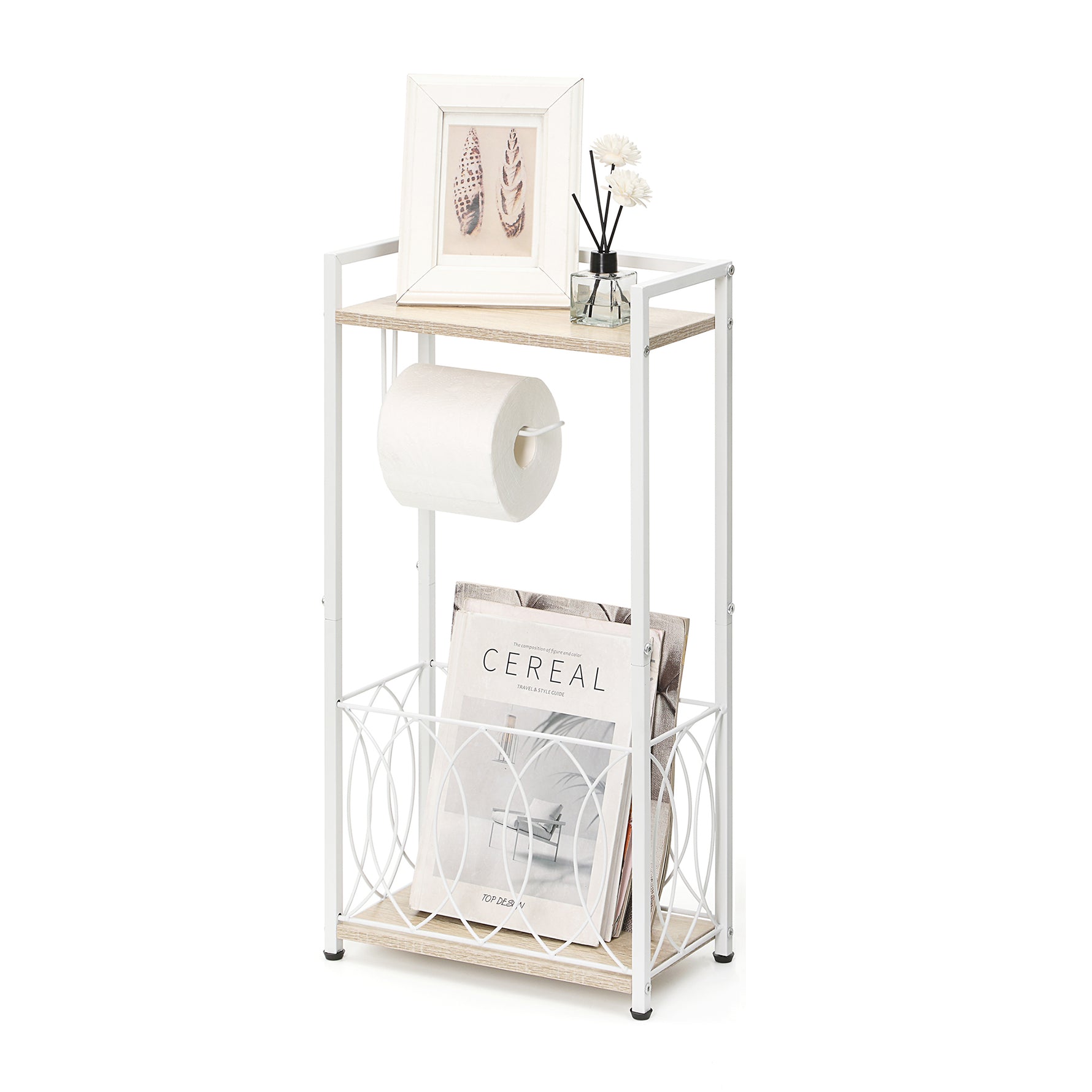 SunnyPoint Classic Space Saving Freestanding Toilet Paper Holder with Storage Shelf – Bathroom Space Saver for Phone, Tablet, and Magazines – All Purpose Bathroom Organizer Space Saver