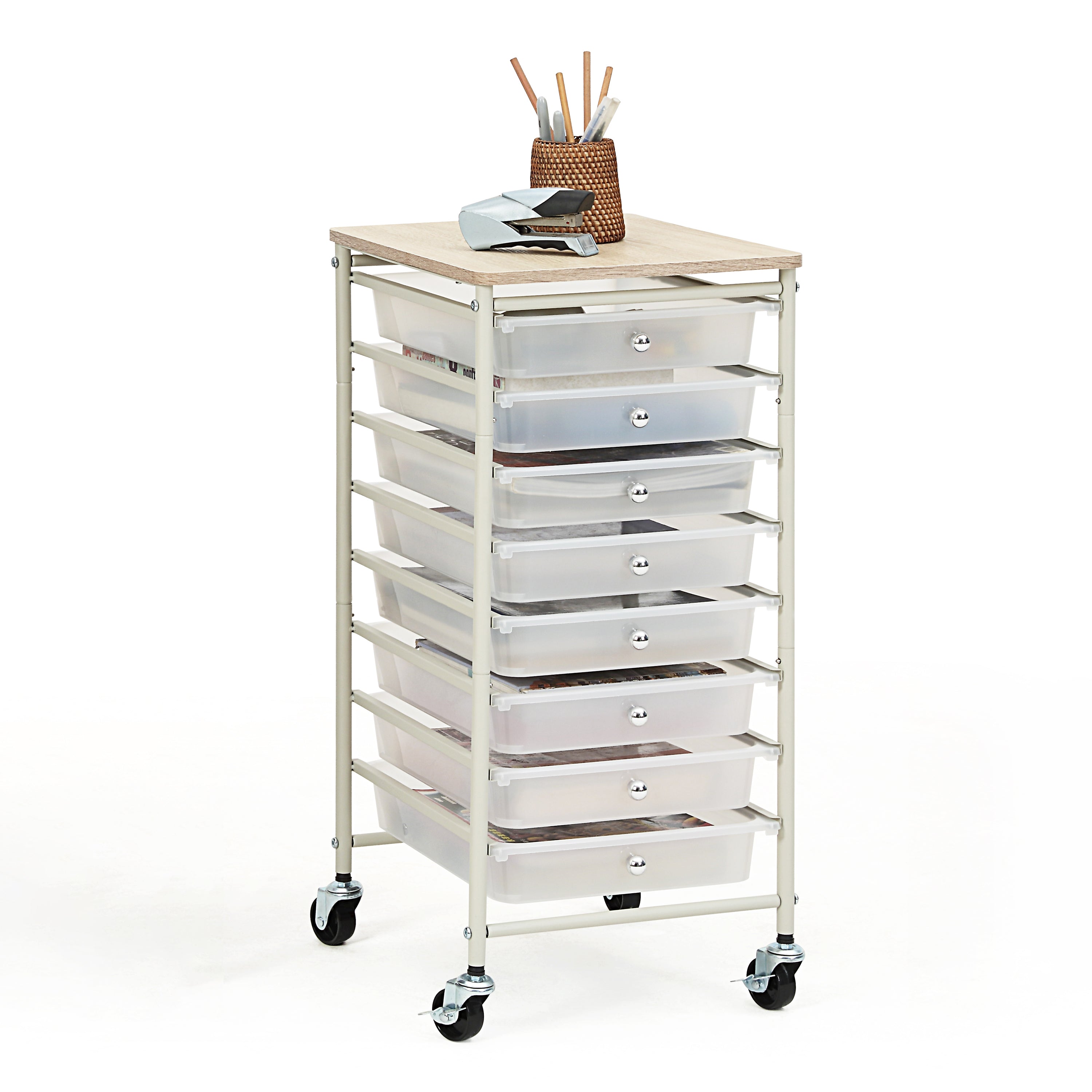 SunnyPoint Wooden Top Compact Rolling Storage 8 Drawers Organizer Mobile Utility Cart, Under Desk Storage Cart with Caster Wheels