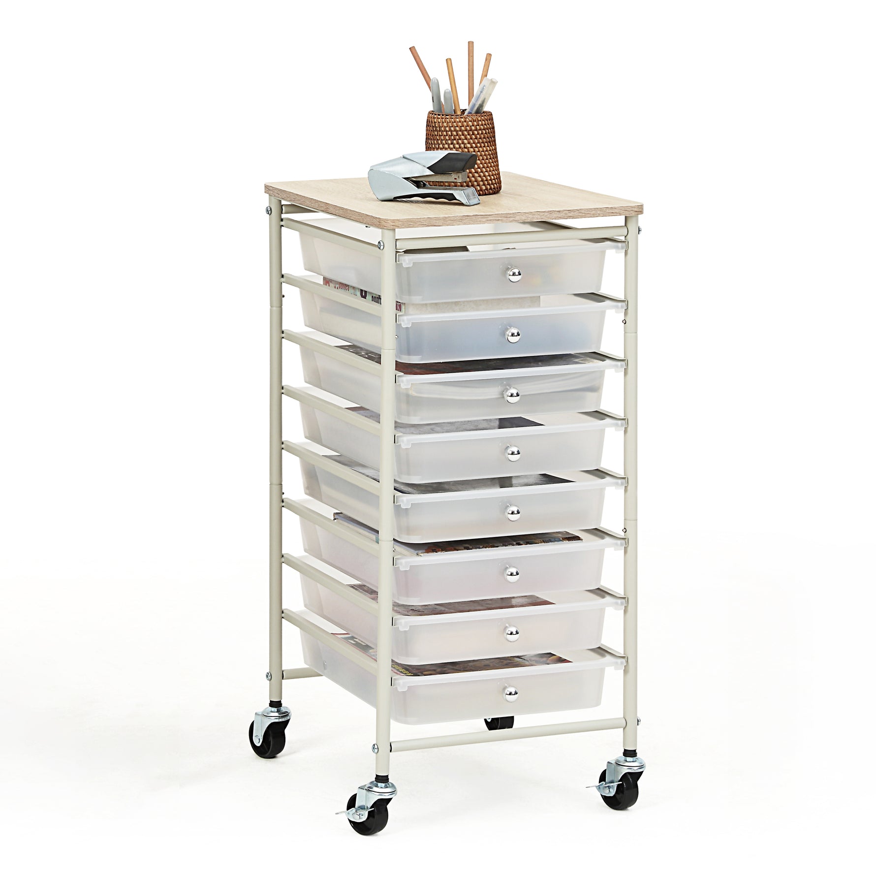 SunnyPoint Wooden Top Compact Rolling Storage 8 Drawers Organizer Mobile Utility Cart, Under Desk Storage Cart with Caster Wheels