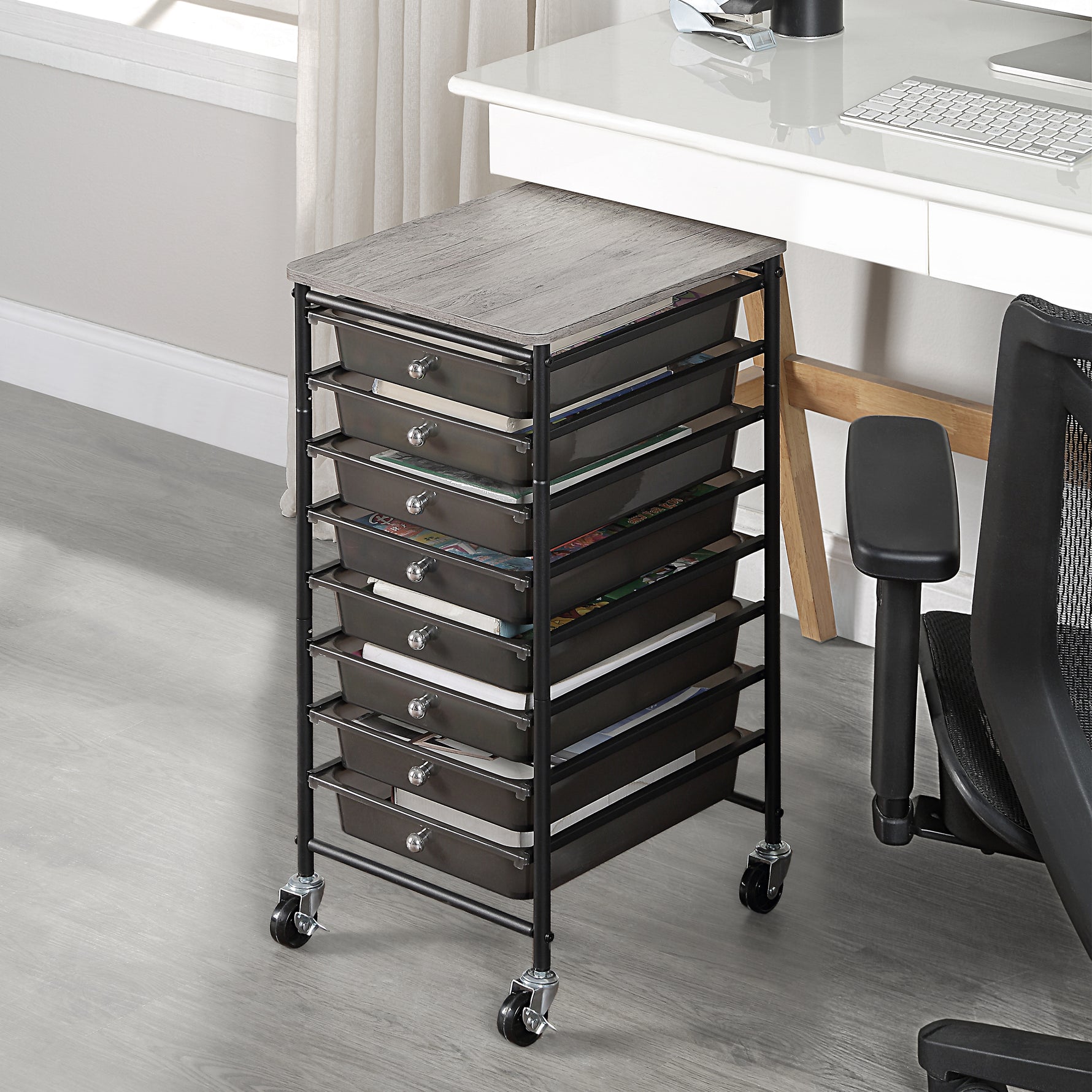 SunnyPoint Wooden Top Compact Rolling Storage 8 Drawers Organizer Mobile Utility Cart, Under Desk Storage Cart with Caster Wheels