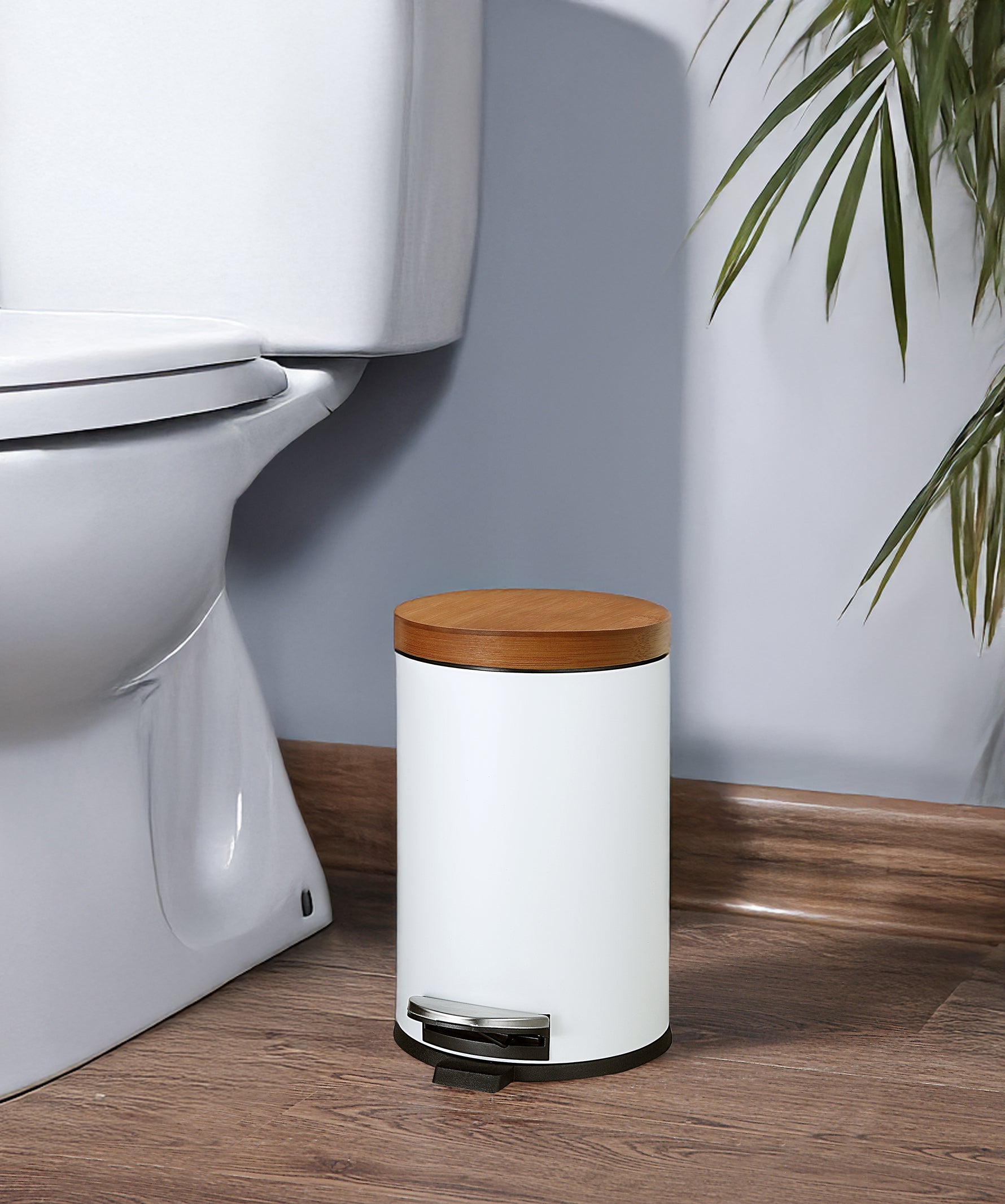 SunnyPoint Elite Bamboo Lid 4.5 Liter / 1.2 Gallon Round Trash Can with Plastic Inner Bucket; Bathroom, Office, Kitchen and Bedroom Step On and Slow Close
