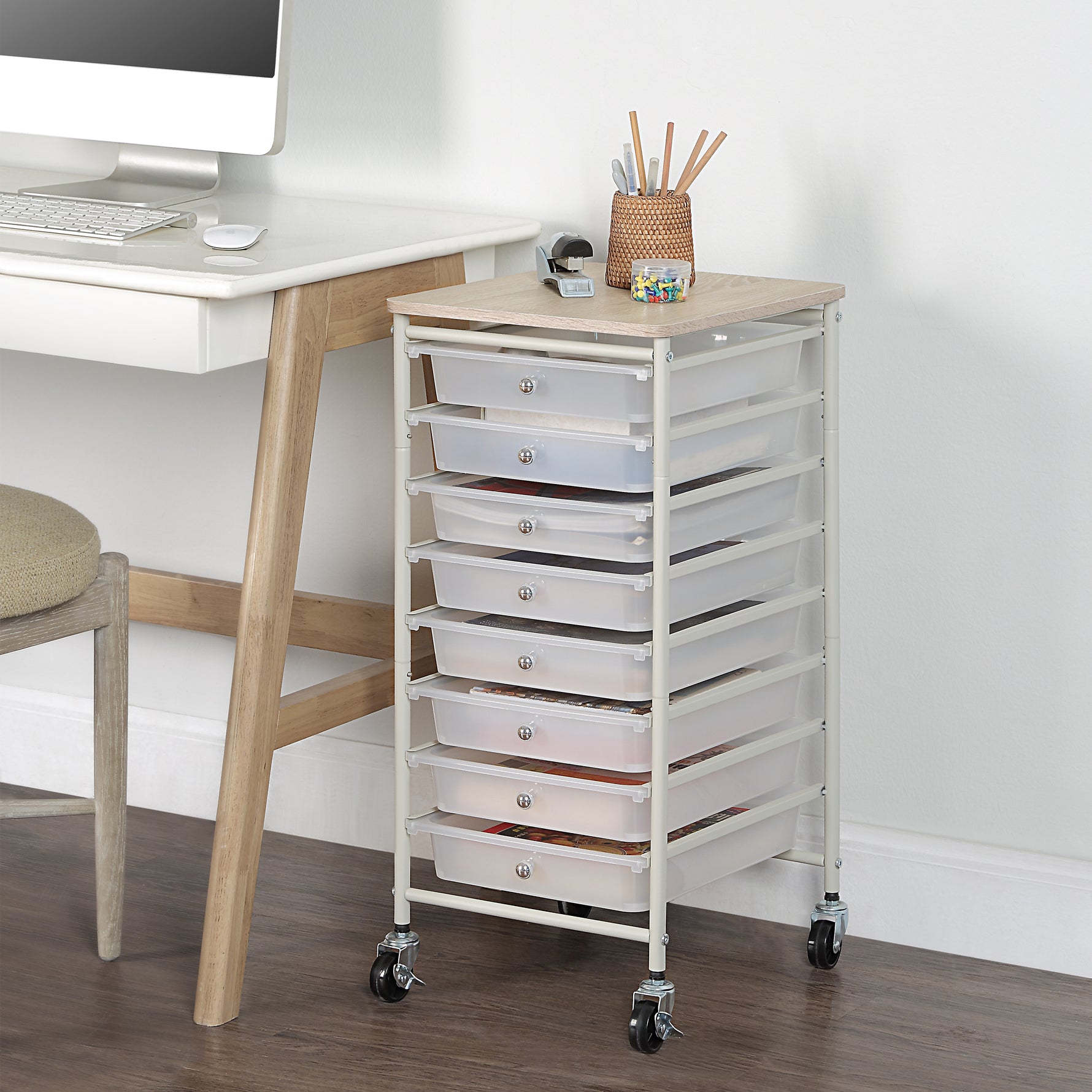 SunnyPoint Wooden Top Compact Rolling Storage 8 Drawers Organizer Mobile Utility Cart, Under Desk Storage Cart with Caster Wheels