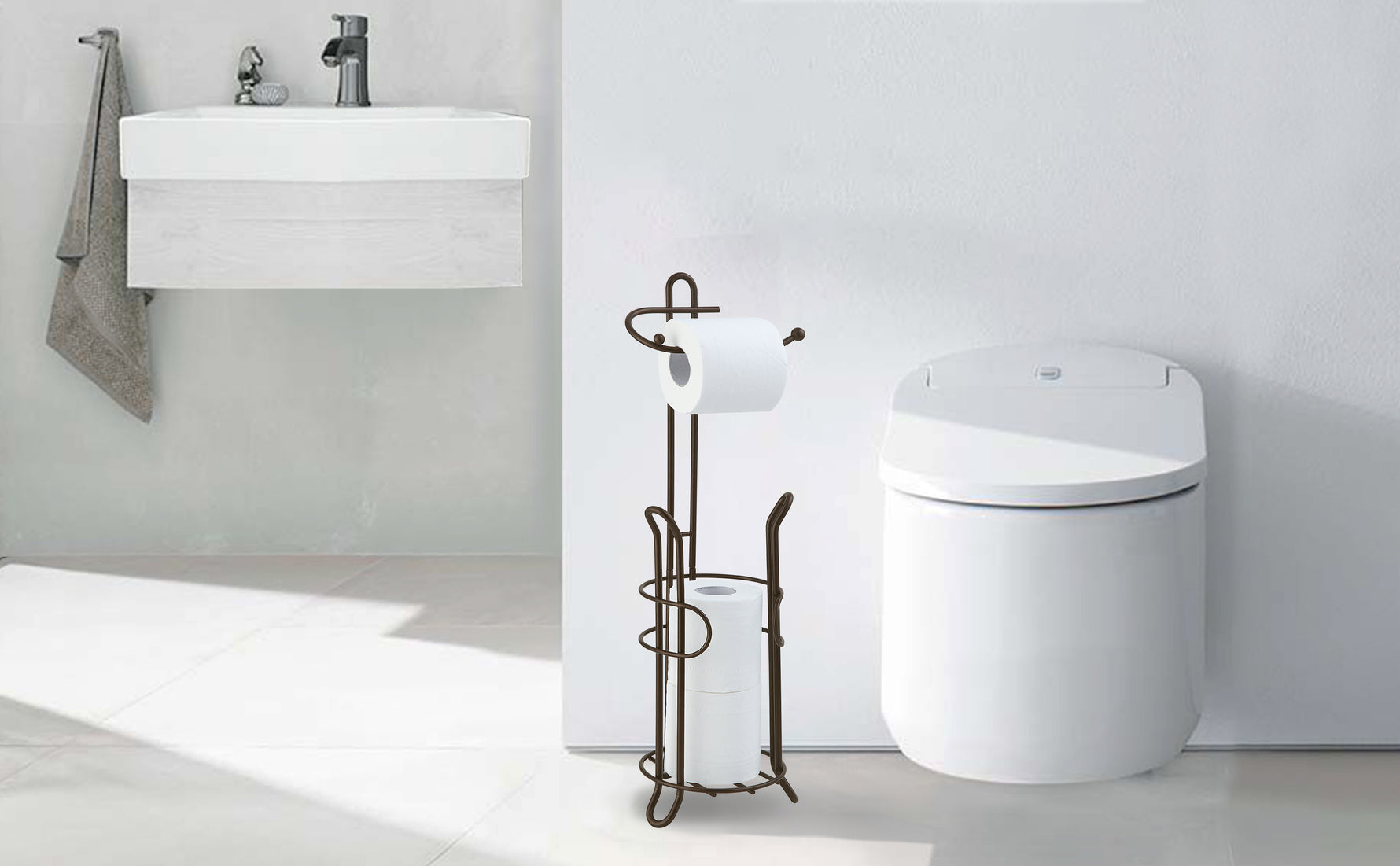 Bathroom Toilet Tissue Paper Roll Storage Holder Stand with Reserve, The Reserve Area Has Enough Space to Store Mega Rolls