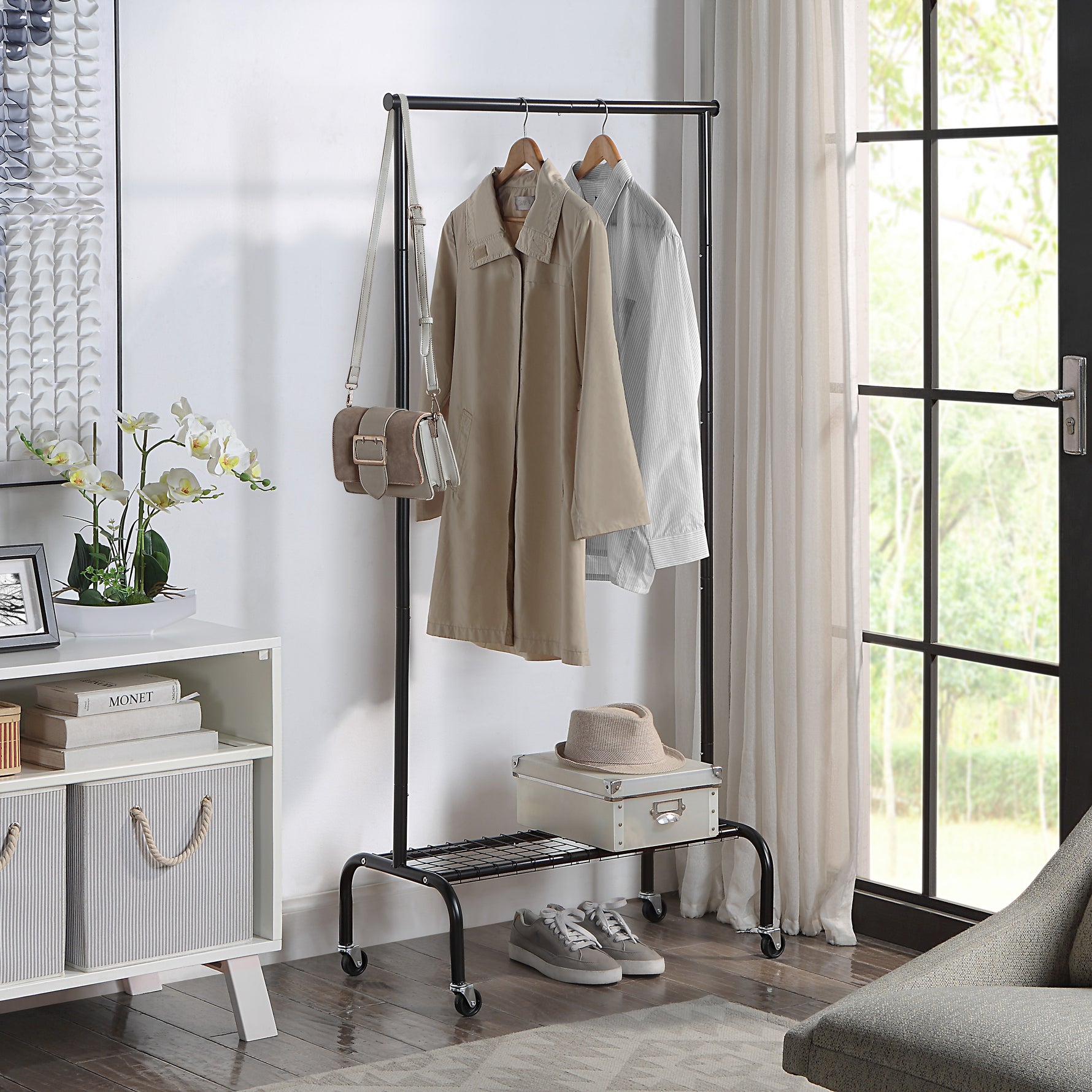 Durable Compact Rolling Garment Rack with Shelf