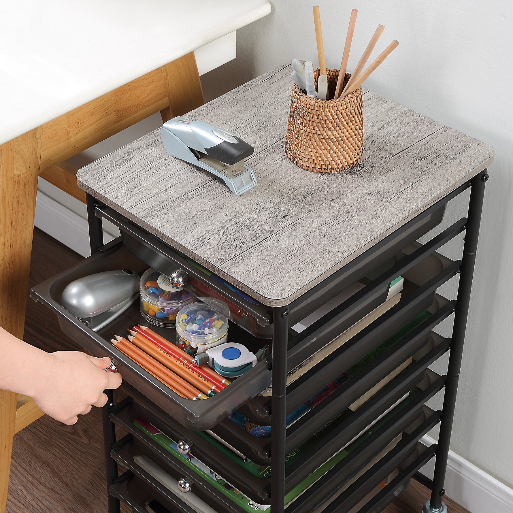 SunnyPoint Wooden Top Compact Rolling Storage 8 Drawers Organizer Mobile Utility Cart, Under Desk Storage Cart with Caster Wheels