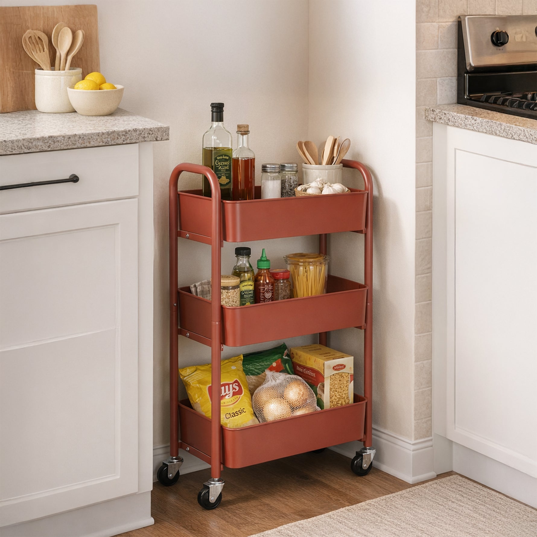 3-Tier Delicate Compact Rolling Metal Storage Organizer - Mobile Utility Cart Kitchen/Under Desk Cart with Caster Wheels