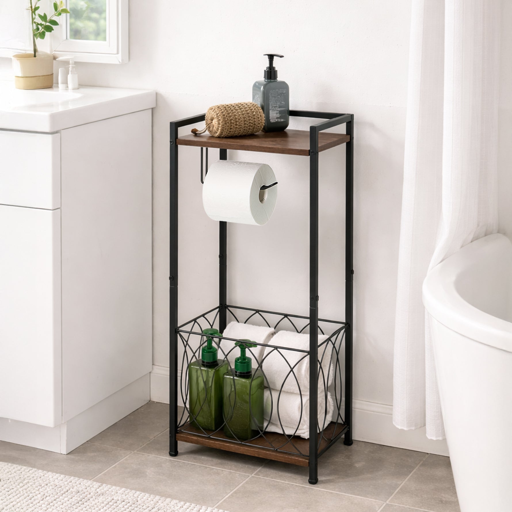 SunnyPoint Classic Space Saving Freestanding Toilet Paper Holder with Storage Shelf – Bathroom Space Saver for Phone, Tablet, and Magazines – All Purpose Bathroom Organizer Space Saver