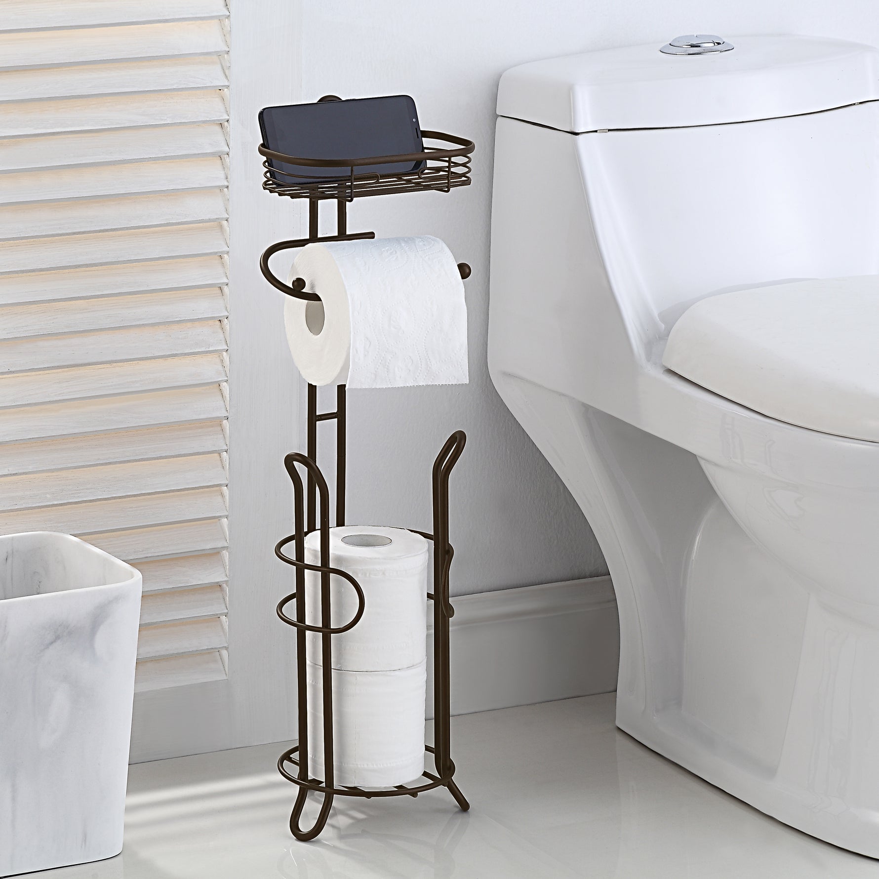 Bathroom Heavyweight Toilet Tissue Paper Roll Storage Holder Stand with Reserve and Shelve. Mega Rolls Available.