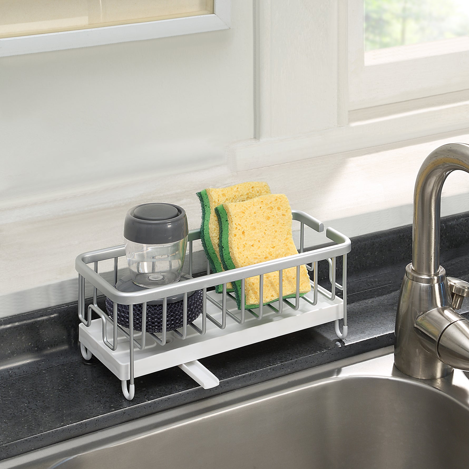 SunnyPoint Never Rust Aluminum Utensil, Sink Cleaning Tools Holder for Kitchen Sink with Drain Board; Dish Wand, Sponge, Soap Dispenser, Utensil Organizer Caddy