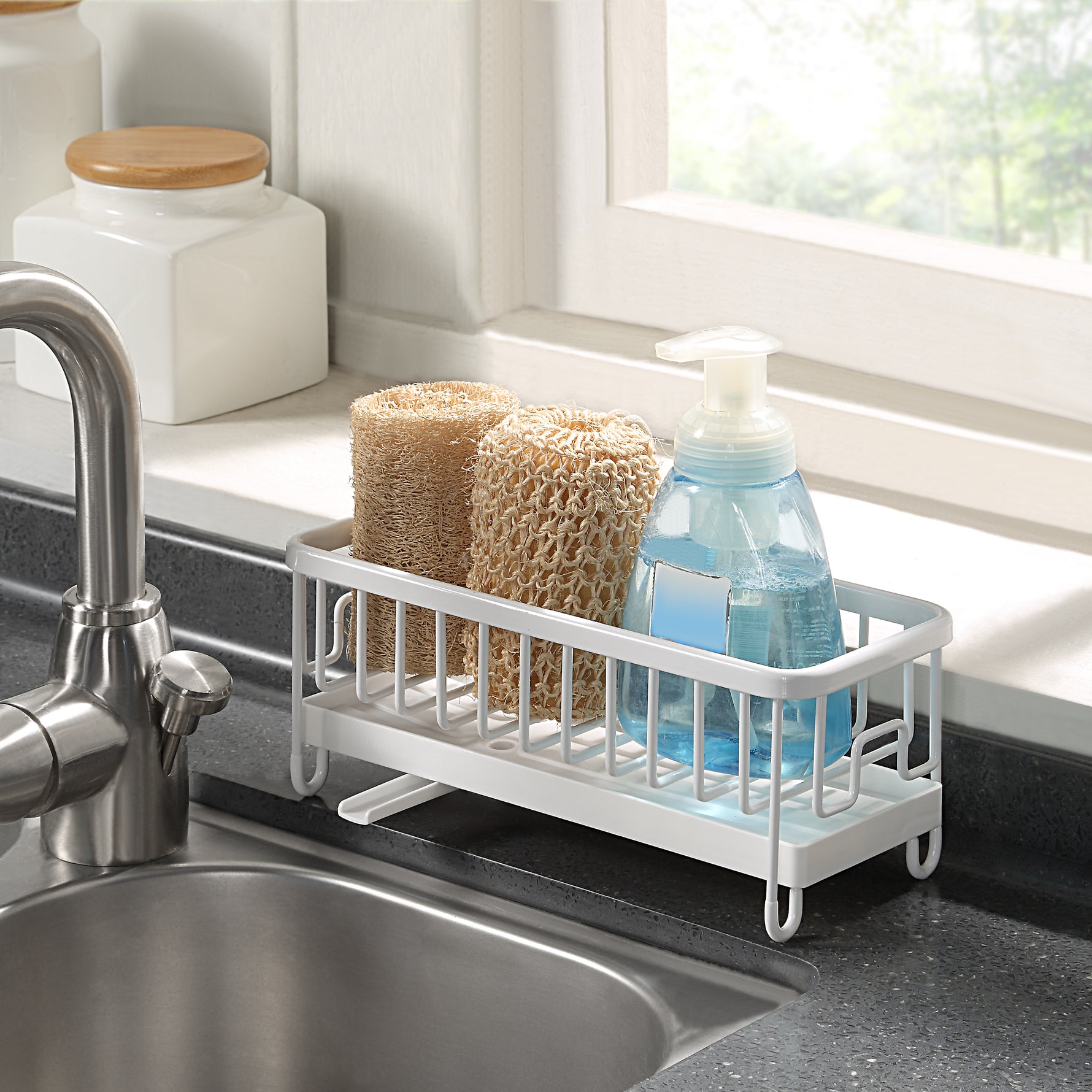 SunnyPoint Never Rust Aluminum Utensil, Sink Cleaning Tools Holder for Kitchen Sink with Drain Board; Dish Wand, Sponge, Soap Dispenser, Utensil Organizer Caddy