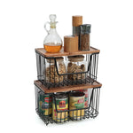 SunnyPoint Set of 2 Kitchen, Laundry & Pantry Storage Organizers – Stackable Bins with Acacia Wood Top, Large Trash Bag Holder & Standard Garbage Bag Dispenser