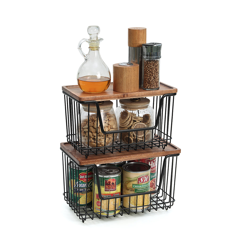 SunnyPoint Set of 2 Kitchen, Laundry & Pantry Storage Organizers – Stackable Bins with Acacia Wood Top, Large Trash Bag Holder & Standard Garbage Bag Dispenser