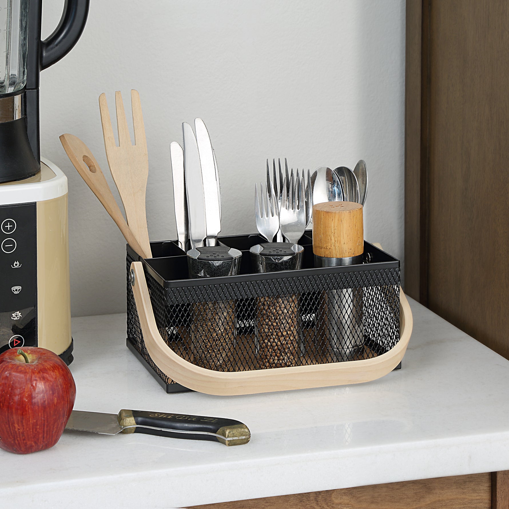 SunnyPoint Utensil Caddy with Plywood Handle – Metal Mesh Silverware & Cutlery Organizer for Kitchen, Picnic, Party, Restaurant & Events