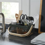 SunnyPoint Utensil Caddy with Plywood Handle – Metal Mesh Silverware & Cutlery Organizer for Kitchen, Picnic, Party, Restaurant & Events