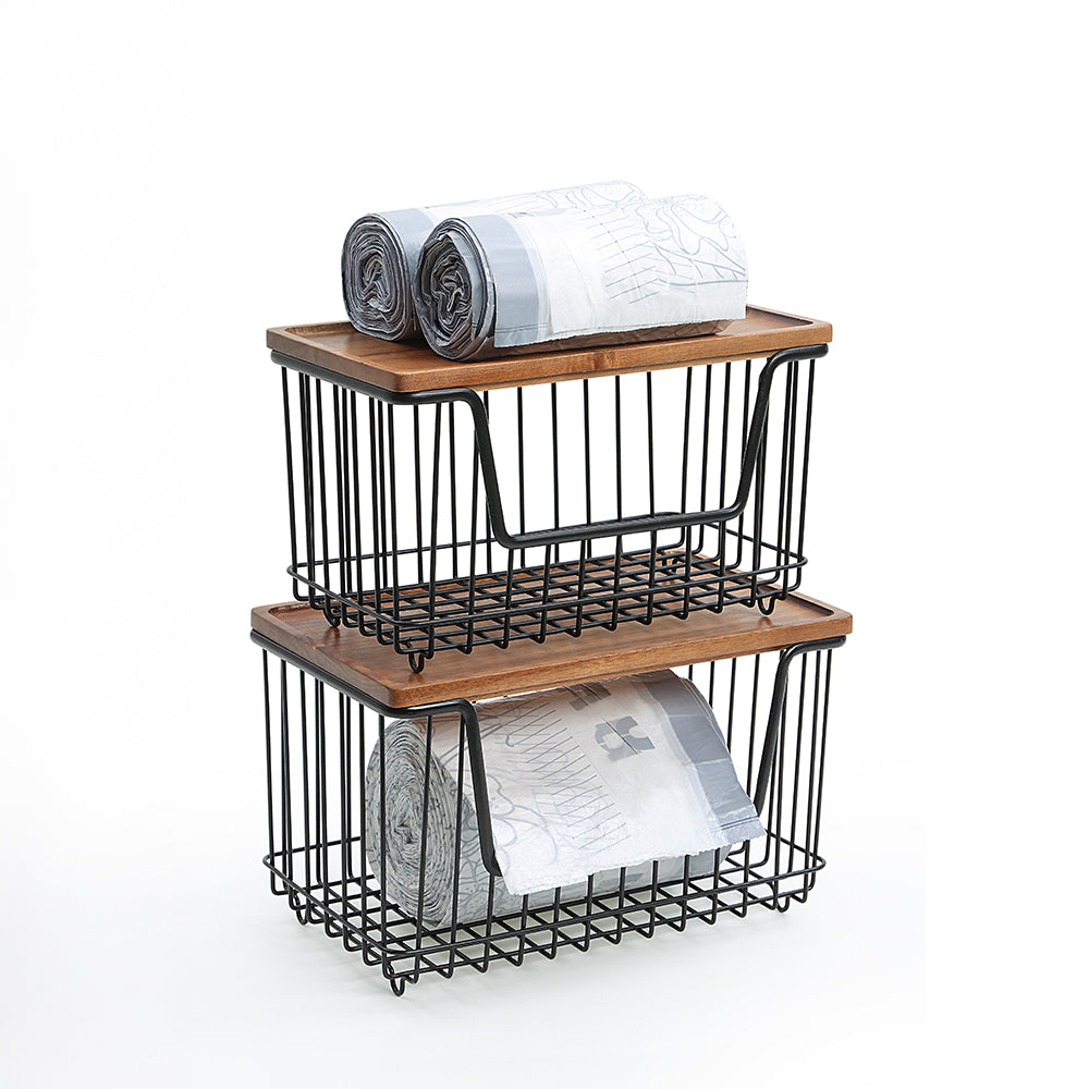 SunnyPoint Set of 2 Kitchen, Laundry & Pantry Storage Organizers – Stackable Bins with Acacia Wood Top, Large Trash Bag Holder & Standard Garbage Bag Dispenser