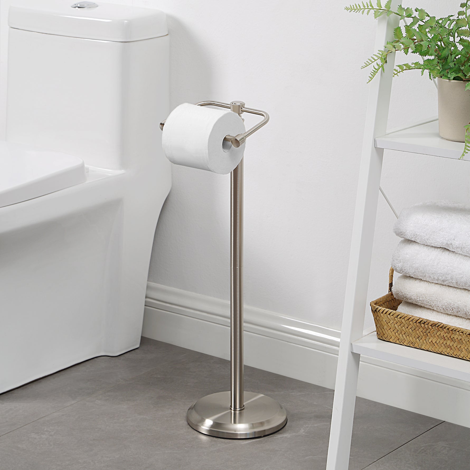 SunnyPoint Free Standing Toilet Paper Holder with Weighted Base, Bathroom Tissue Roll Stand, Holds Jumbo & Standard Rolls, Freestanding Toilet Paper Stand for Bathroom, Compact Storage Organizer
