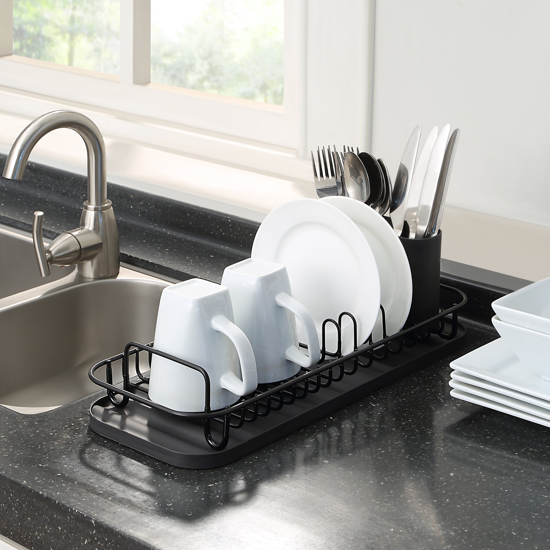 SunnyPoint 304 Stainless Steel NeverRust Compact Dish Drying Rack with Utensil Holder & Removable Drain Tray, Rustproof Small Dish Rack for Kitchen Countertop or Over Sink