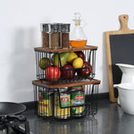 SunnyPoint Set of 2 Kitchen, Laundry & Pantry Storage Organizers – Stackable Bins with Acacia Wood Top, Large Trash Bag Holder & Standard Garbage Bag Dispenser