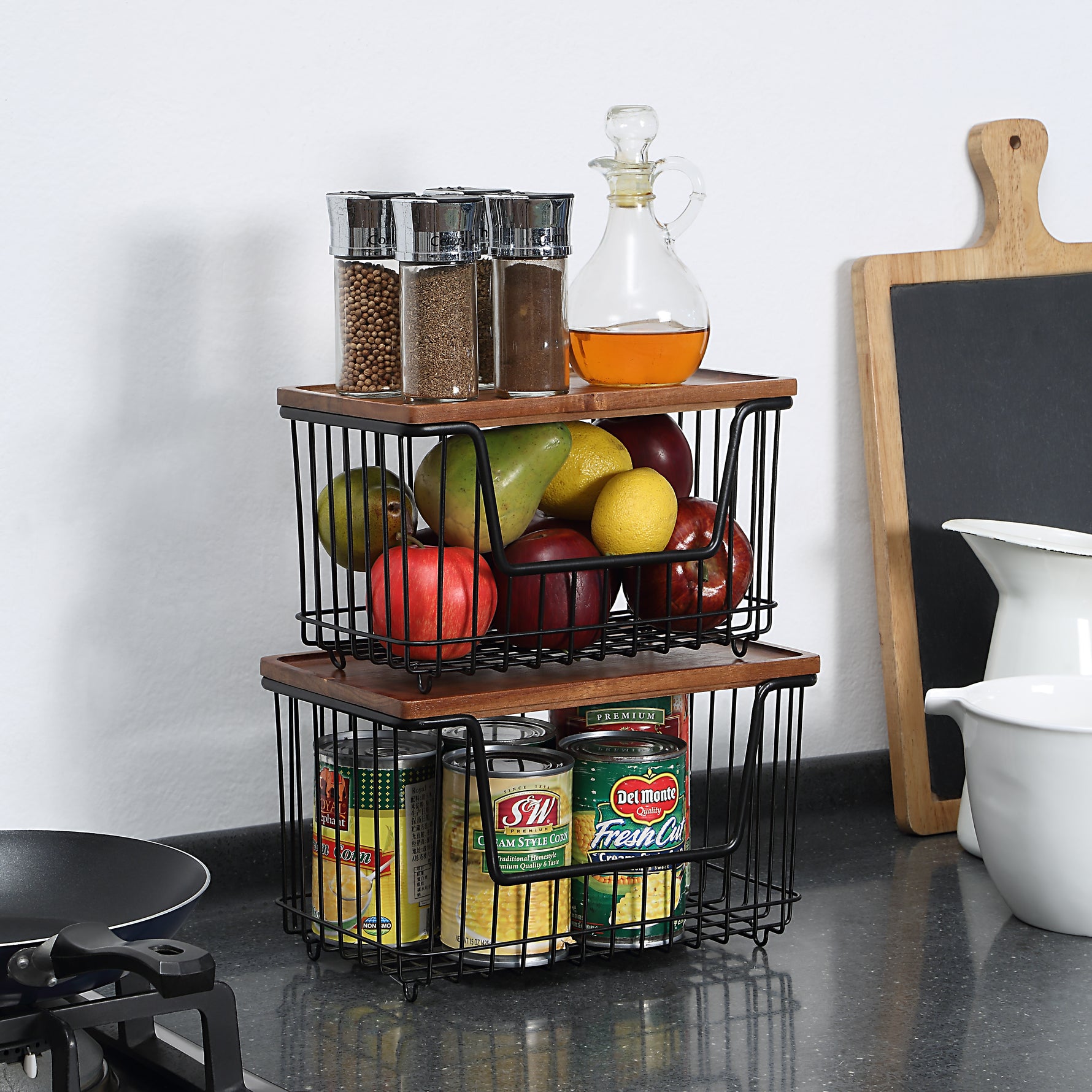 SunnyPoint Set of 2 Kitchen, Laundry & Pantry Storage Organizers – Stackable Bins with Acacia Wood Top, Large Trash Bag Holder & Standard Garbage Bag Dispenser