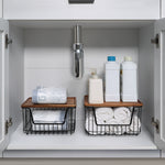 SunnyPoint Set of 2 Kitchen, Laundry & Pantry Storage Organizers – Stackable Bins with Acacia Wood Top, Large Trash Bag Holder & Standard Garbage Bag Dispenser