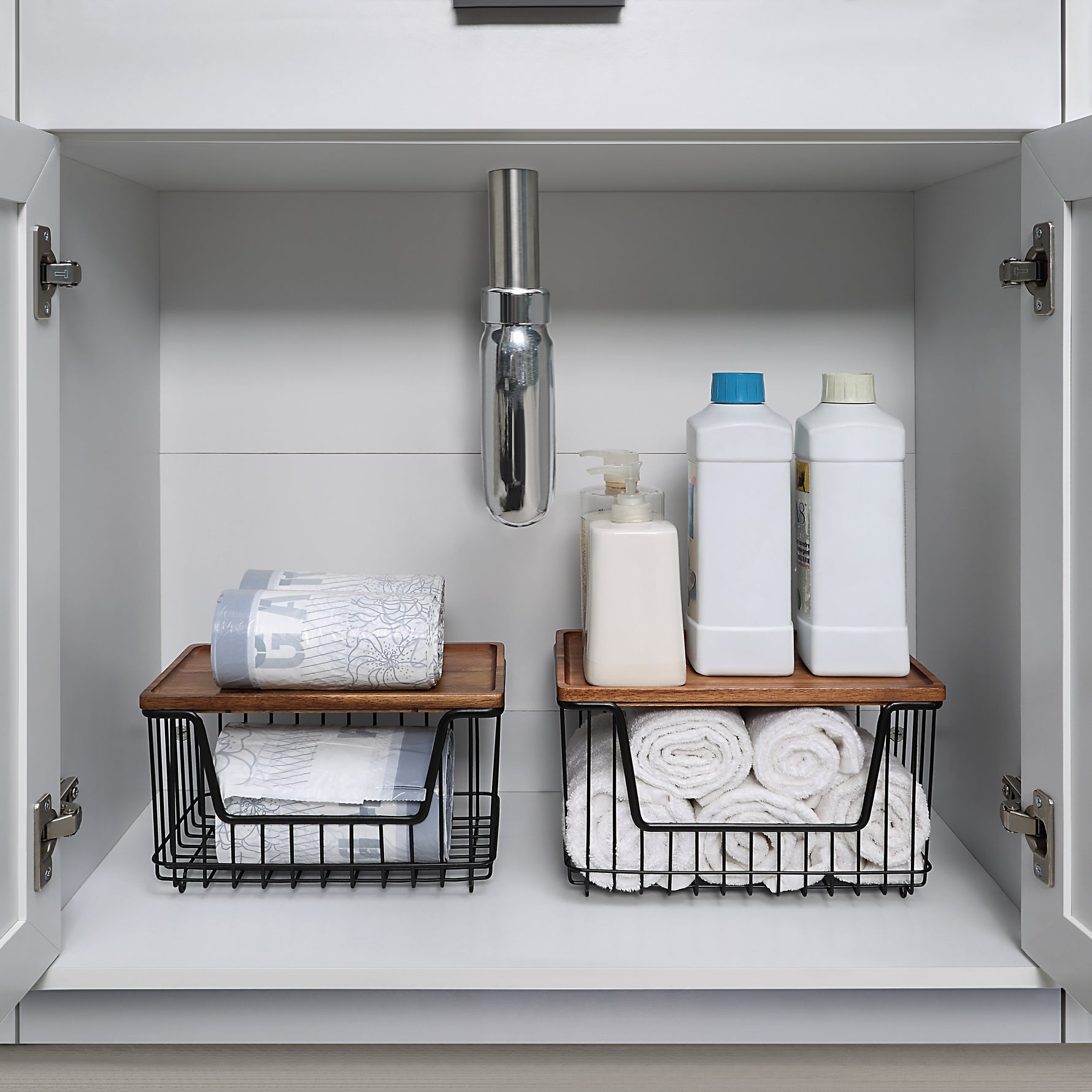 SunnyPoint Set of 2 Kitchen, Laundry & Pantry Storage Organizers – Stackable Bins with Acacia Wood Top, Large Trash Bag Holder & Standard Garbage Bag Dispenser