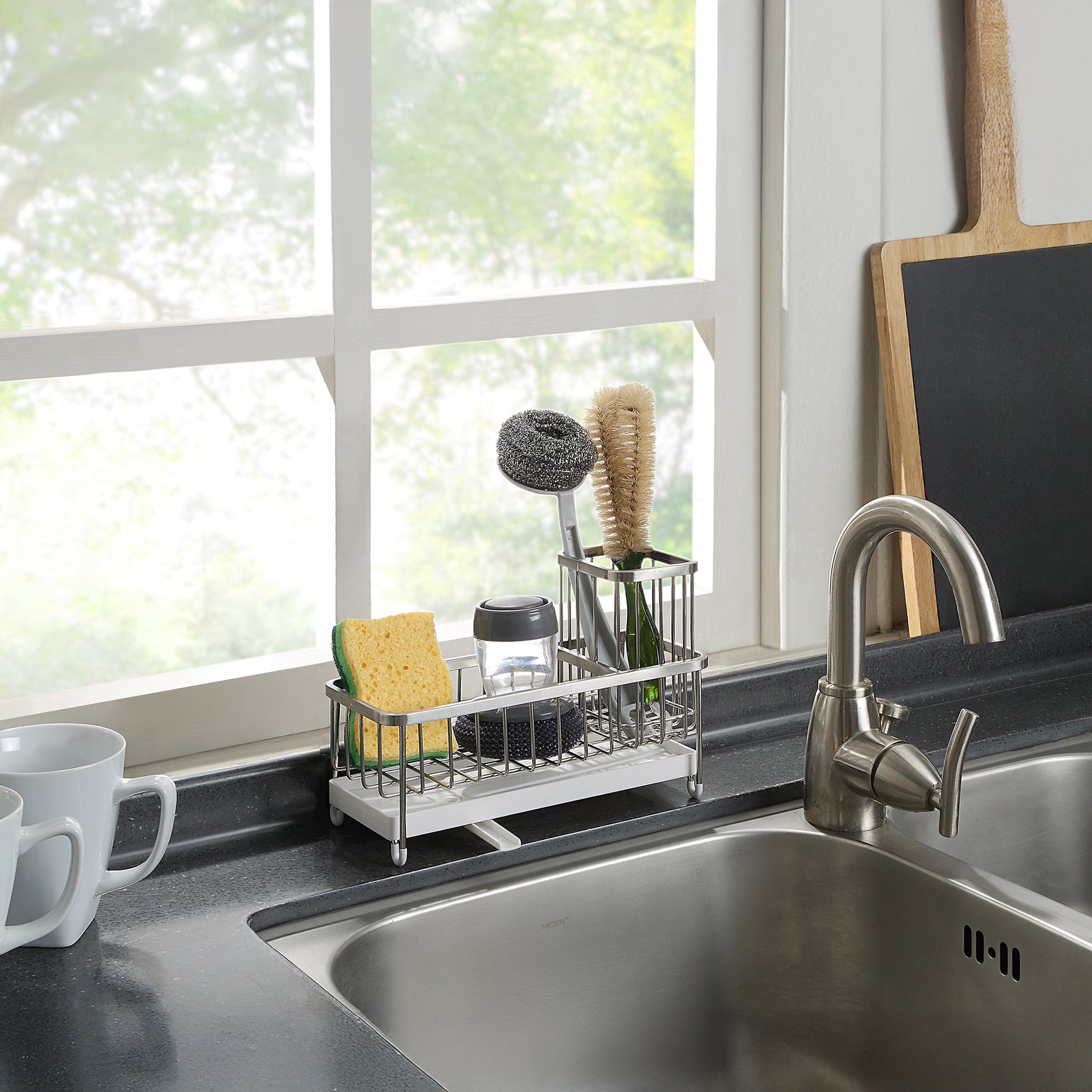 SunnyPoint Never Rust Stainless Utensil, Sink Cleaning Tools Holder for Kitchen Sink With Drain Board; Dish Wand, Sponge, Soap Dispenser, Utensil Organizer Caddy