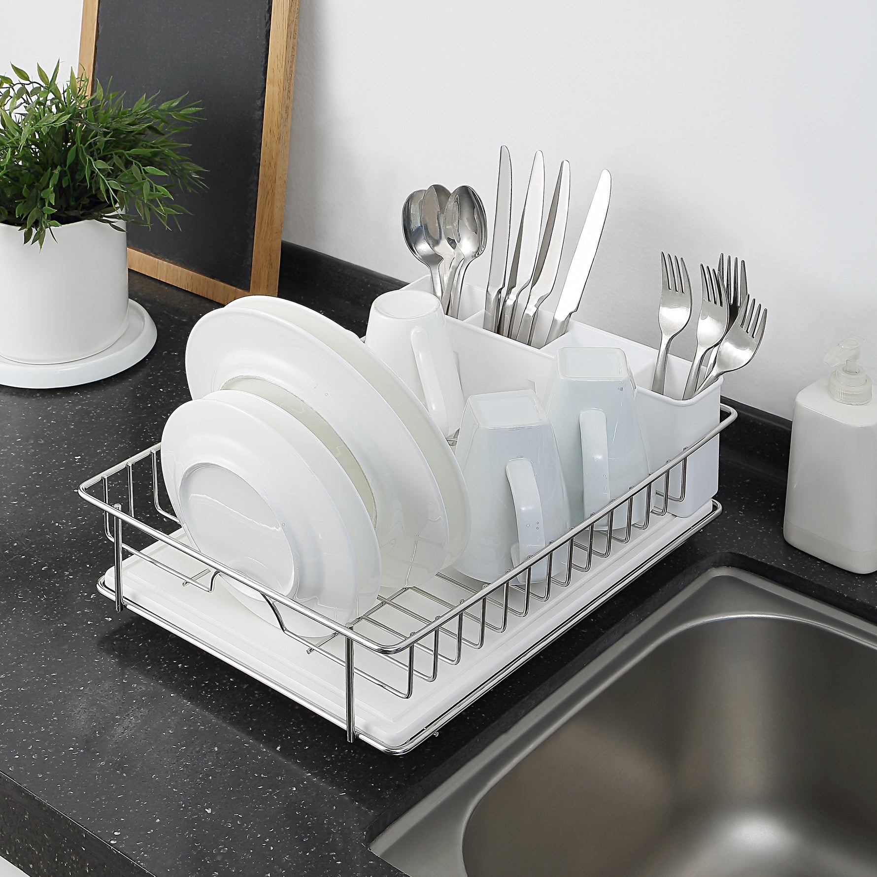 SunnyPoint 304 Stainless Steel Dish Drying Rack with Diatomaceous Earth Drainboard & Removable Utensil Caddy – Rust Resistant Countertop Dish Rack for Kitchen