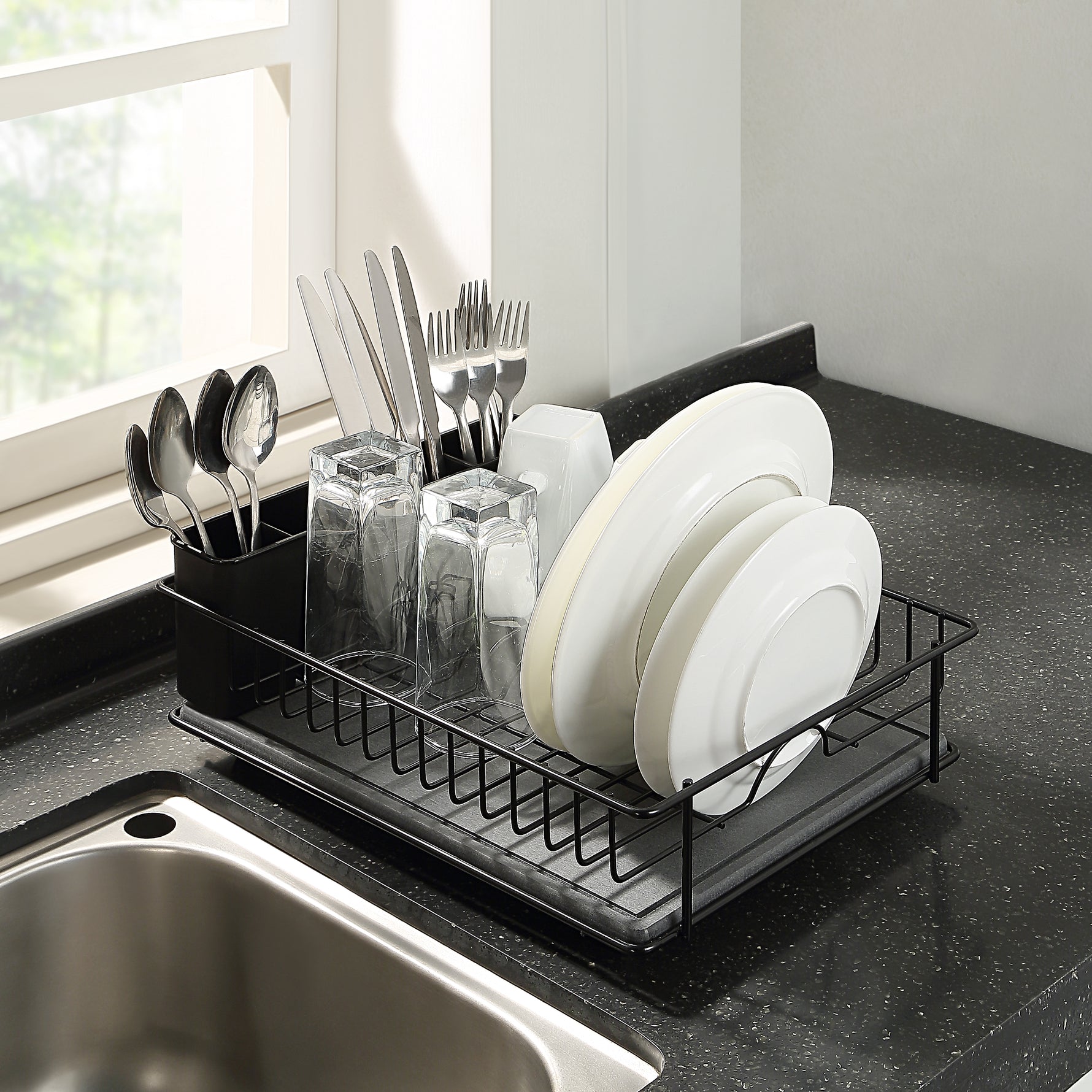 SunnyPoint 304 Stainless Steel Dish Drying Rack with Diatomaceous Earth Drainboard & Removable Utensil Caddy – Rust Resistant Countertop Dish Rack for Kitchen