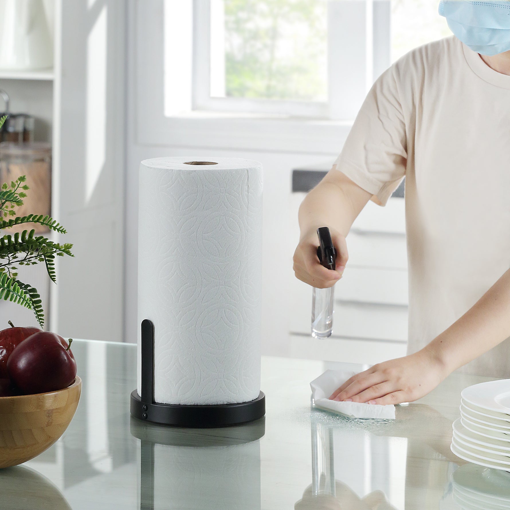 Heavy Weighted Paper Towel Holder Stand Dispenser Built-in Spray/Pump Bottle