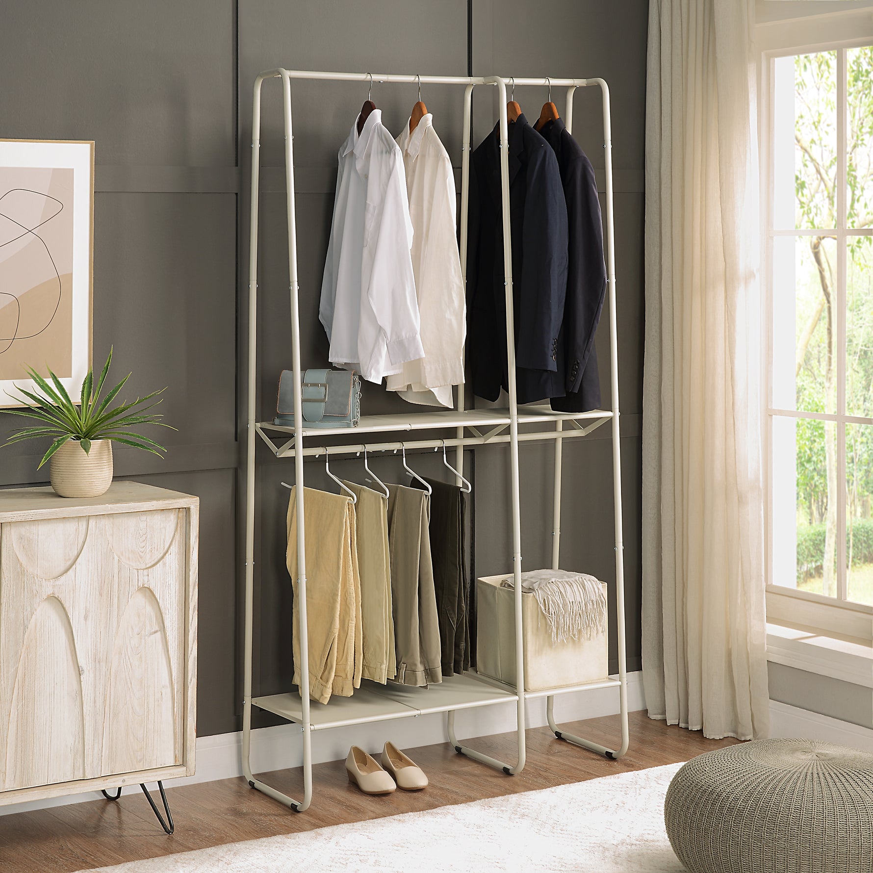 Extra-Large Freestanding Clothing Racks for Hanging Clothes, Standing Metal Sturdy Garment and Accessories Rack, Small Space Storage Solution