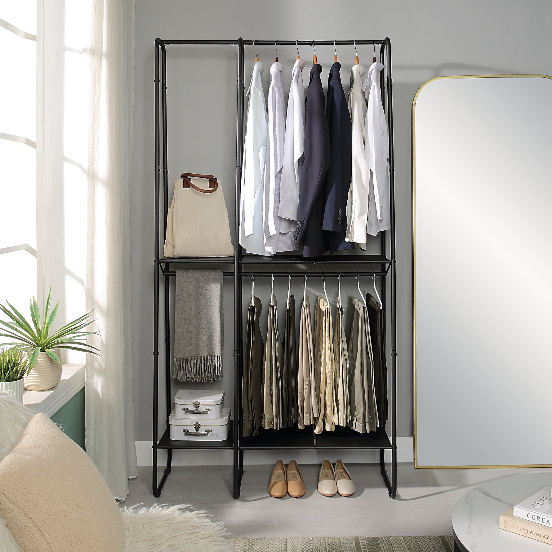 Extra-Large Freestanding Clothing Racks for Hanging Clothes, Standing Metal Sturdy Garment and Accessories Rack, Small Space Storage Solution