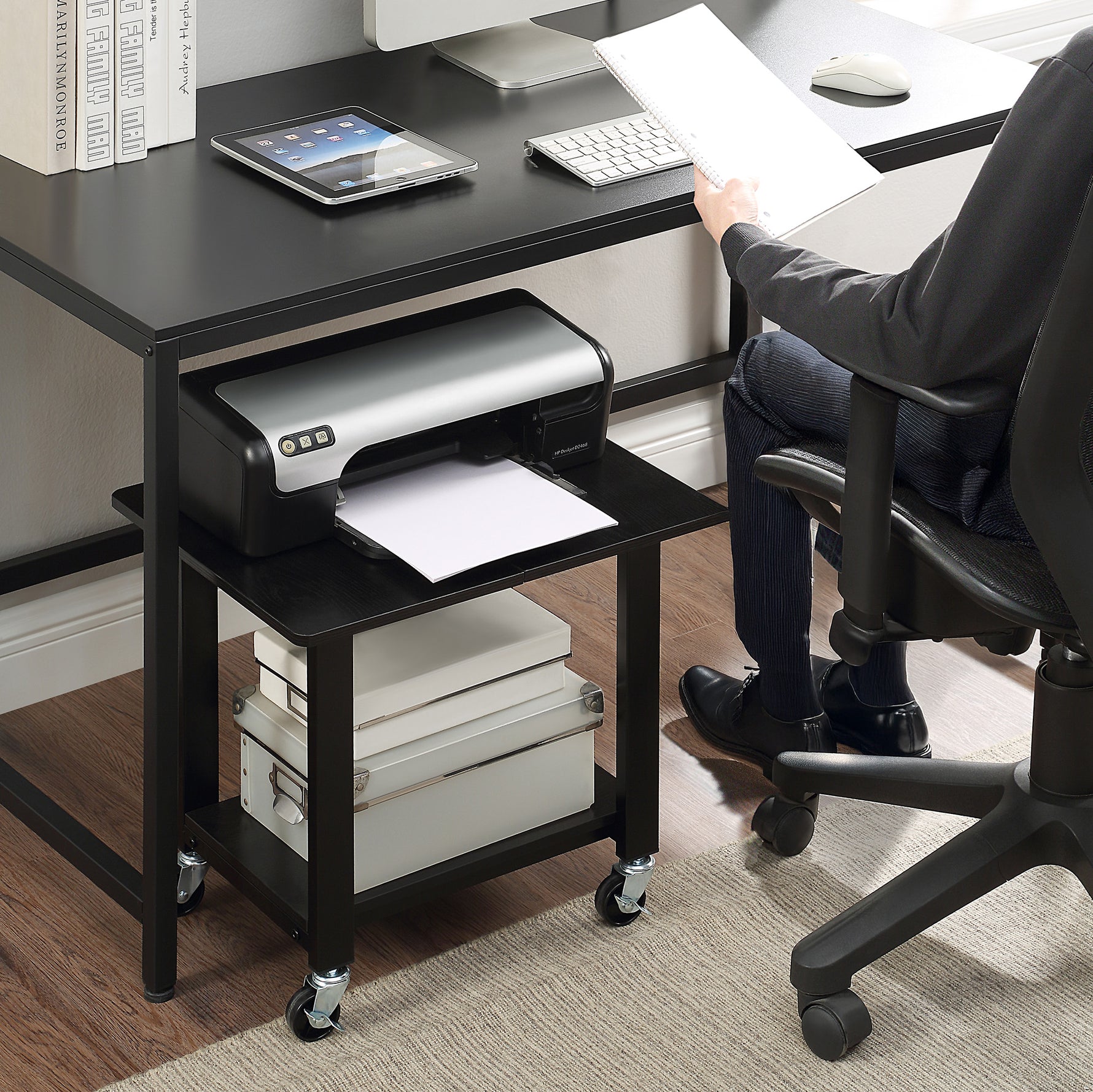 SunnyPoint 2-Tier Mobile Stand with Lockable Wheels — Printer Cart, Mini Fridge Stand, Portable Electronic Device & Projector Holder | Under Desk Storage Shelf for Home & Office, 18.9" x 15.75"