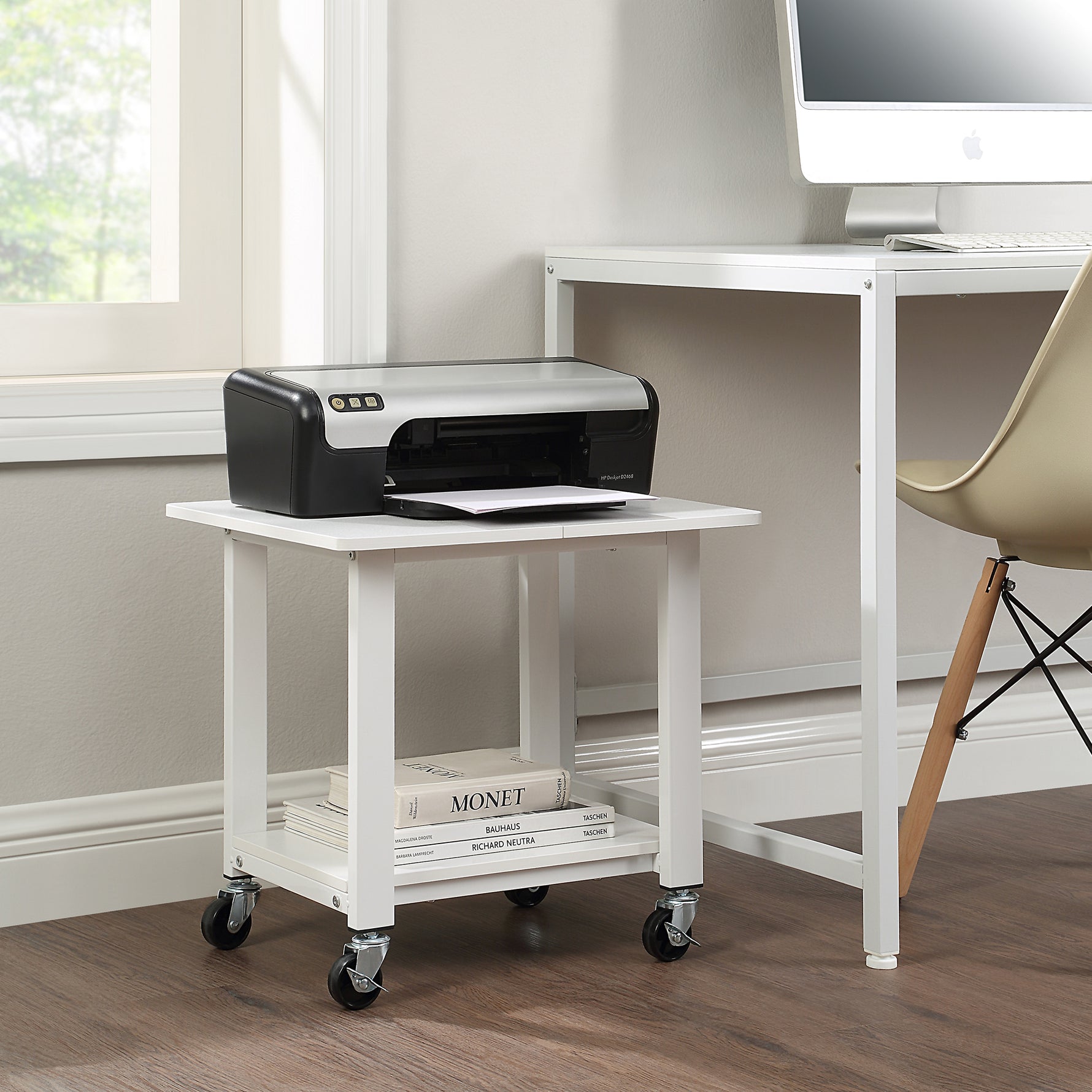 SunnyPoint 2-Tier Mobile Stand with Lockable Wheels — Printer Cart, Mini Fridge Stand, Portable Electronic Device & Projector Holder | Under Desk Storage Shelf for Home & Office, 18.9" x 15.75"