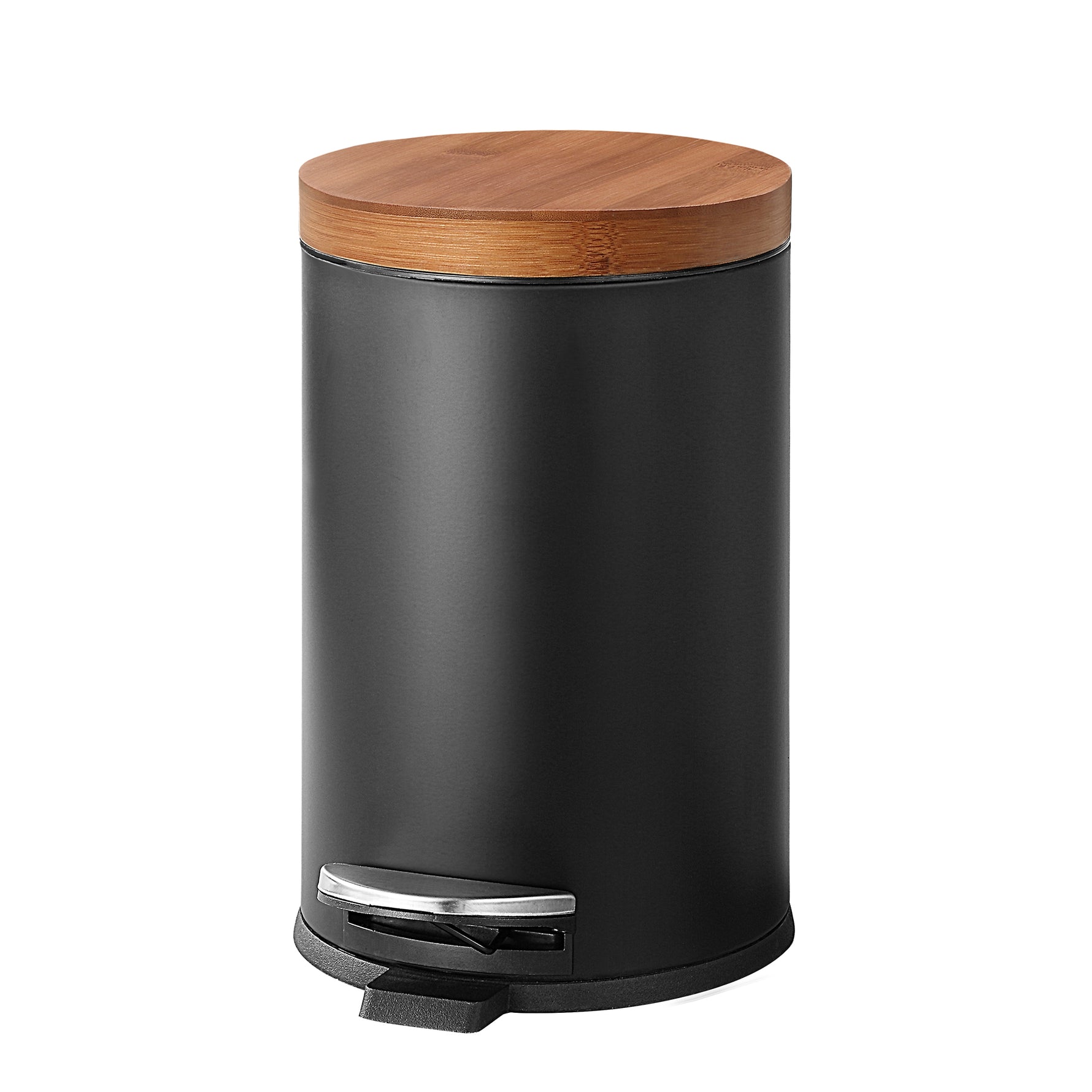 SunnyPoint Elite Bamboo Lid 4.5 Liter / 1.2 Gallon Round Trash Can with Plastic Inner Bucket; Bathroom, Office, Kitchen and Bedroom Step On and Slow Close