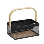 SunnyPoint Utensil Caddy with Plywood Handle – Metal Mesh Silverware & Cutlery Organizer for Kitchen, Picnic, Party, Restaurant & Events