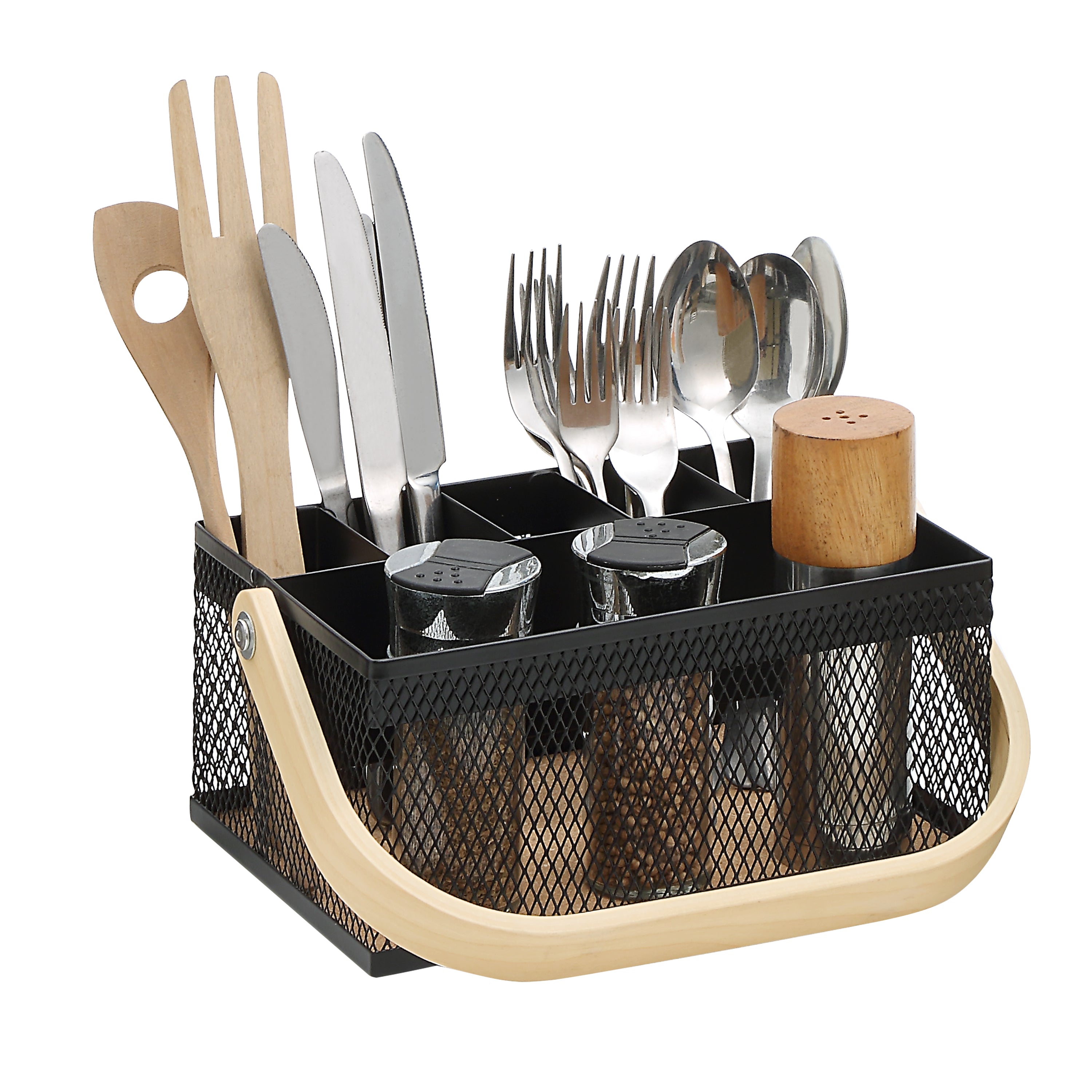 SunnyPoint Utensil Caddy with Plywood Handle – Metal Mesh Silverware & Cutlery Organizer for Kitchen, Picnic, Party, Restaurant & Events