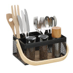 SunnyPoint Utensil Caddy with Plywood Handle – Metal Mesh Silverware & Cutlery Organizer for Kitchen, Picnic, Party, Restaurant & Events