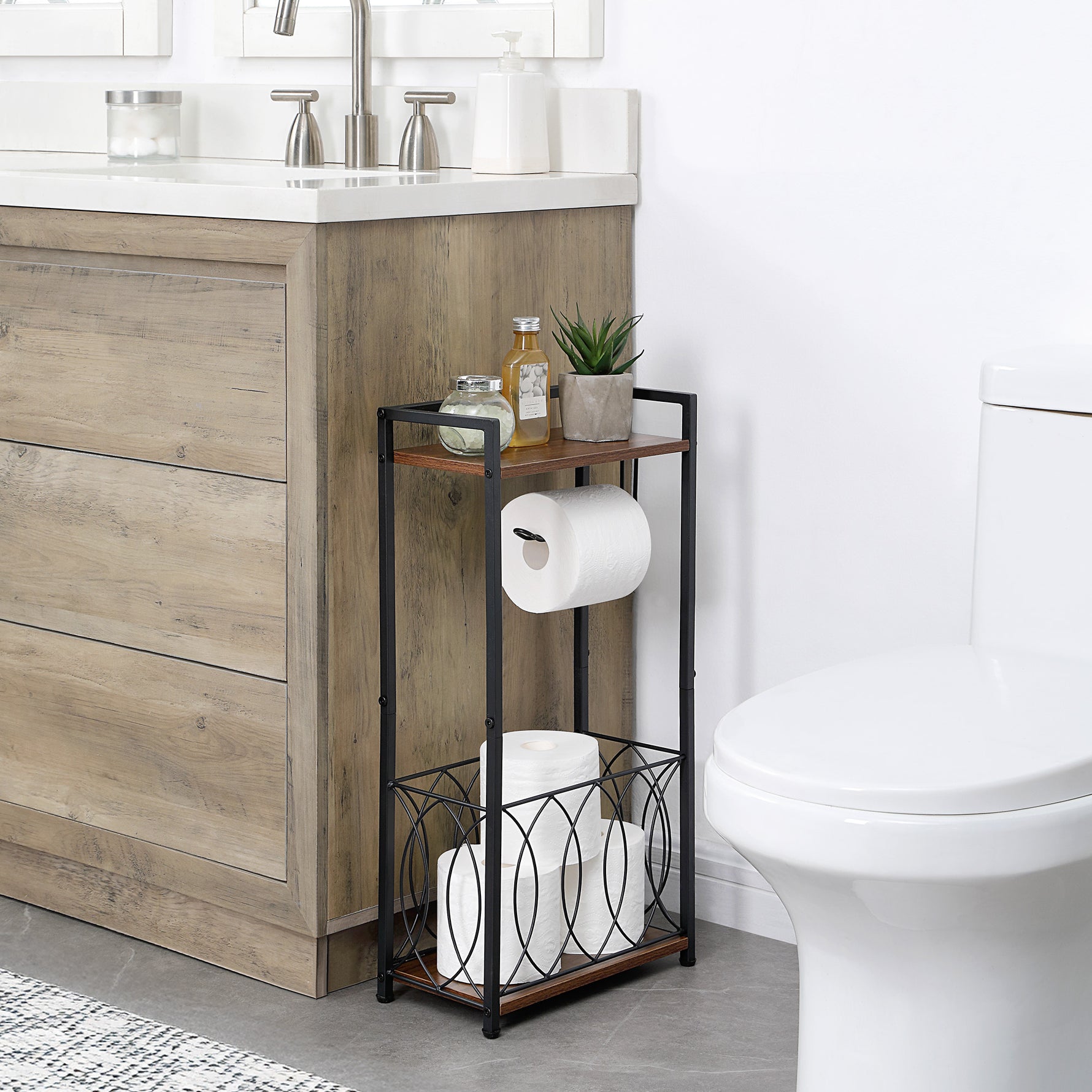 SunnyPoint Classic Space Saving Freestanding Toilet Paper Holder with Storage Shelf – Bathroom Space Saver for Phone, Tablet, and Magazines – All Purpose Bathroom Organizer Space Saver