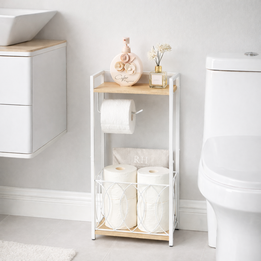 SunnyPoint Classic Space Saving Freestanding Toilet Paper Holder with Storage Shelf – Bathroom Space Saver for Phone, Tablet, and Magazines – All Purpose Bathroom Organizer Space Saver