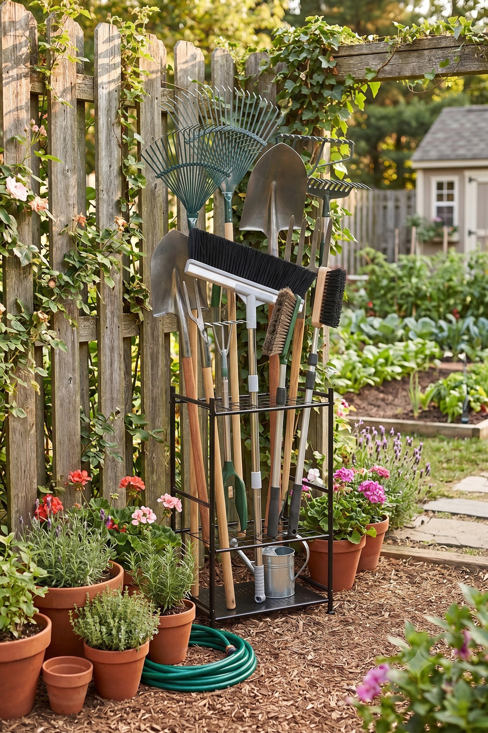 Blanca Rosana Garagge, Garden, Yard Tool Organizer Rack Up to 35 Long-Handled Tools/Rakes/Brooms, Heavy Duty Steel Garden Tool Stand for Shed, Outdoor, Black