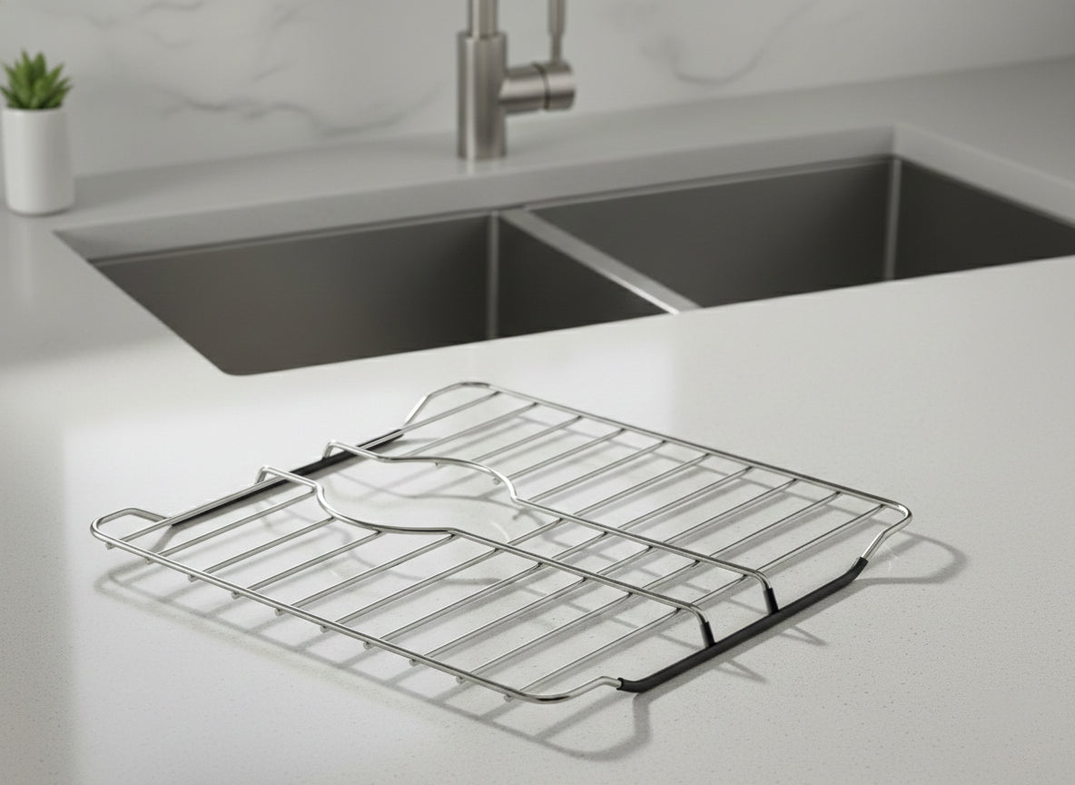 SunnyPoint 304 Stainless Steel Sink Protector Rack With Rear Drain Hole – Rust-Resistant Grid for Kitchen Sink Bottom, Scratch Prevention - Rear Drain Hole Required