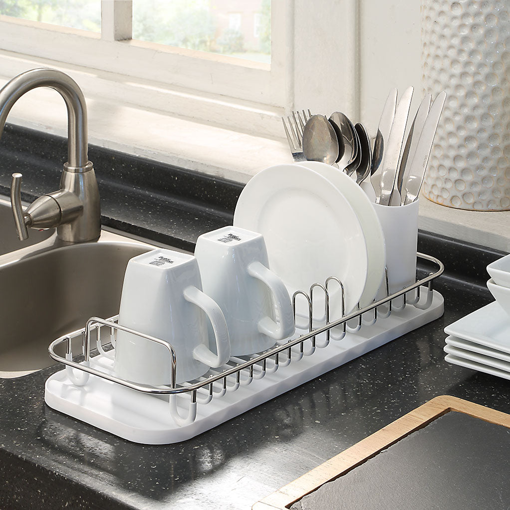 SunnyPoint 304 Stainless Steel NeverRust Compact Dish Drying Rack with Utensil Holder & Removable Drain Tray, Rustproof Small Dish Rack for Kitchen Countertop or Over Sink