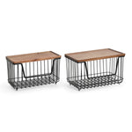 SunnyPoint Set of 2 Kitchen, Laundry & Pantry Storage Organizers – Stackable Bins with Acacia Wood Top, Large Trash Bag Holder & Standard Garbage Bag Dispenser