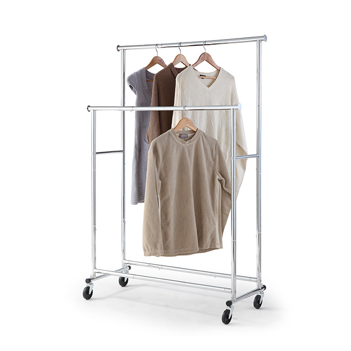Double Rod Clothing Garment Rack, Rolling Clothes Organizer on Wheels for Hanging Clothes, Chrome