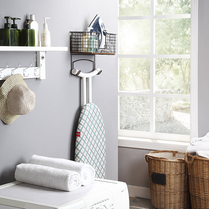 Metal Mall Mount/Over The Door Ironing Board Holder with Large Storage Basket
