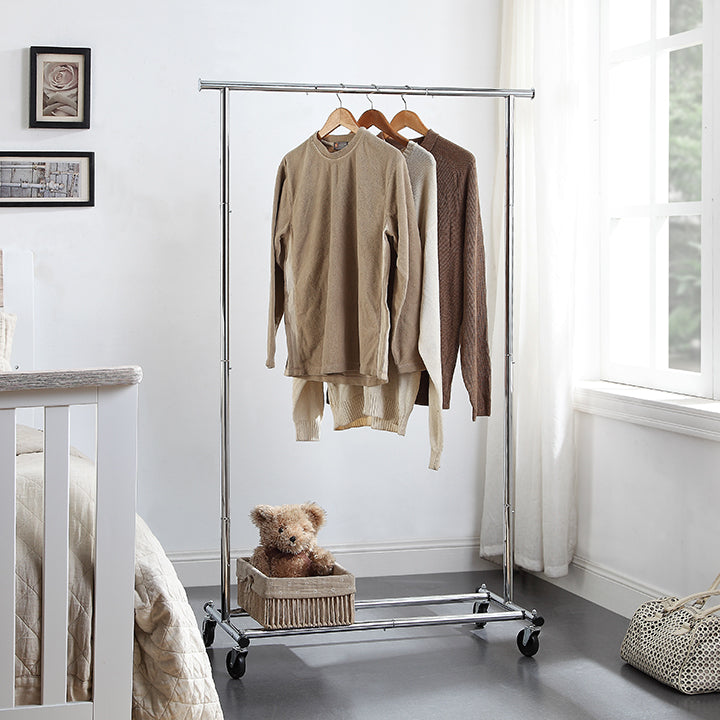 Standard Rod Clothing Garment Rack, Rolling Clothes Organizer on Wheels for Hanging Clothes, Chrome