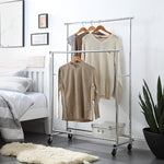 Double Rod Clothing Garment Rack, Rolling Clothes Organizer on Wheels for Hanging Clothes, Chrome