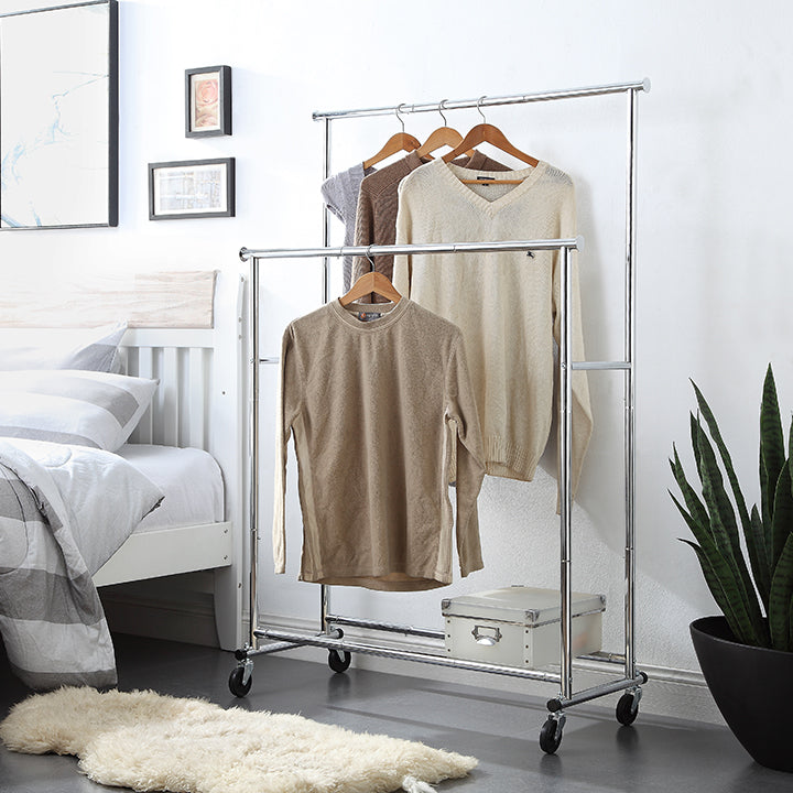 Double Rod Clothing Garment Rack, Rolling Clothes Organizer on Wheels for Hanging Clothes, Chrome